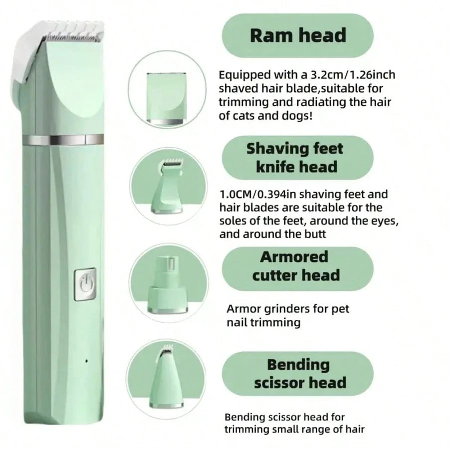 4in1 電動ペットグルーミングキット ネイルグラインダー付き 犬猫用 低ノイズ USB 充電式ワイヤレス 軽量多機能トリマー ホームペットケア