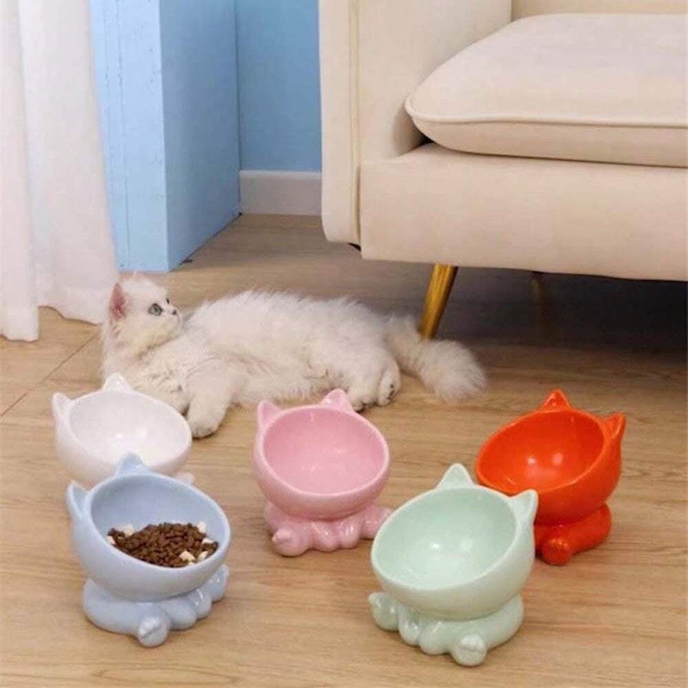 陶器製猫耳ボウル 小型犬猫用フードウォーター両用 高架式フィーダー 子猫子犬対応 ペット給餌用品 1 個