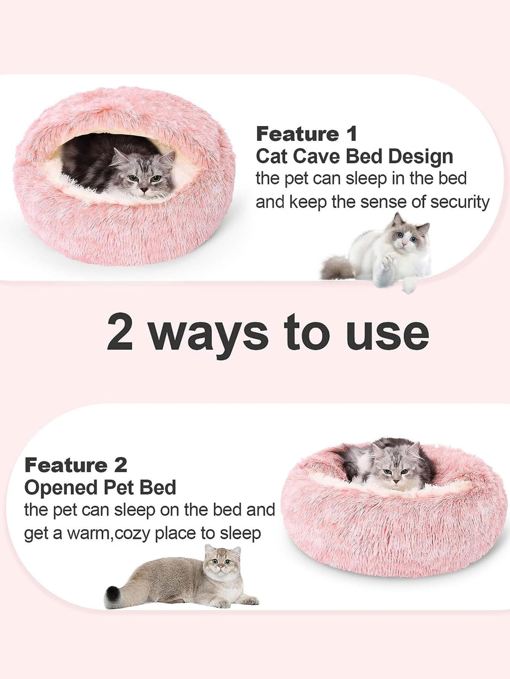 1個 ぬいぐるみ丸型ペットベッド、フワフワ ソフトキャットベッド、ドーナツ型ペットクッション、2in1冬用キャットベッド、暖かい寝袋ソファクッション