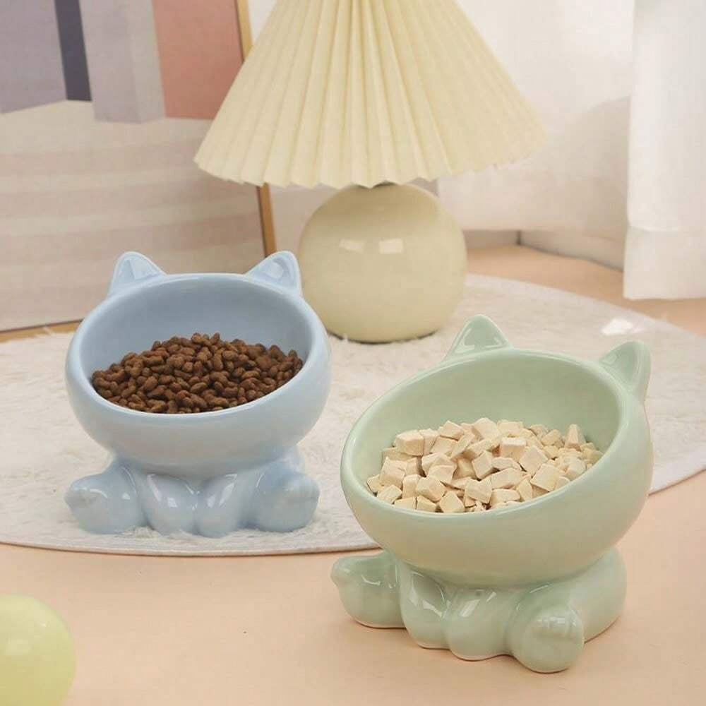 陶器製猫耳ボウル 小型犬猫用フードウォーター両用 高架式フィーダー 子猫子犬対応 ペット給餌用品 1 個