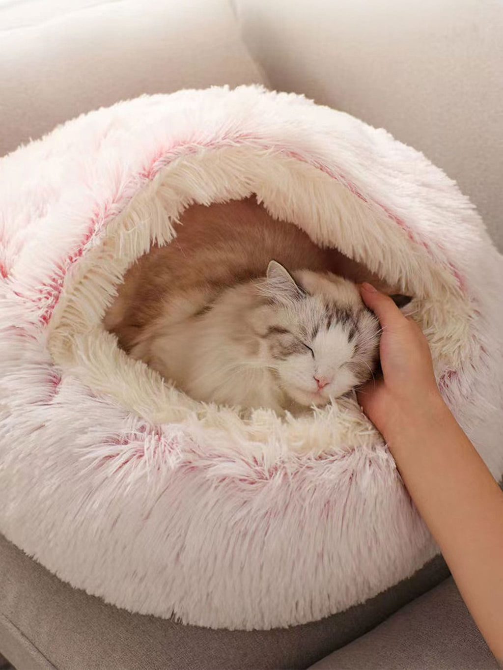 1個 ぬいぐるみ丸型ペットベッド、フワフワ ソフトキャットベッド、ドーナツ型ペットクッション、2in1冬用キャットベッド、暖かい寝袋ソファクッション